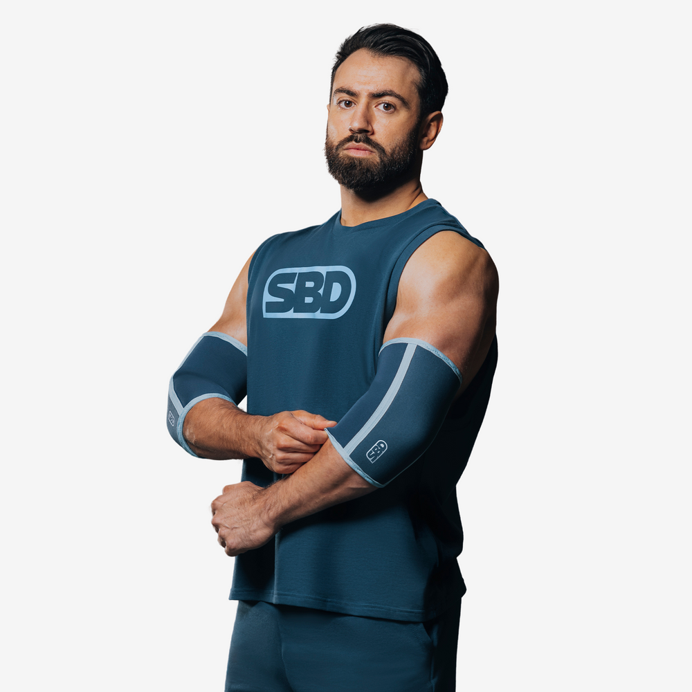 Man With Blue SBD Tank top and Elbow sleeve