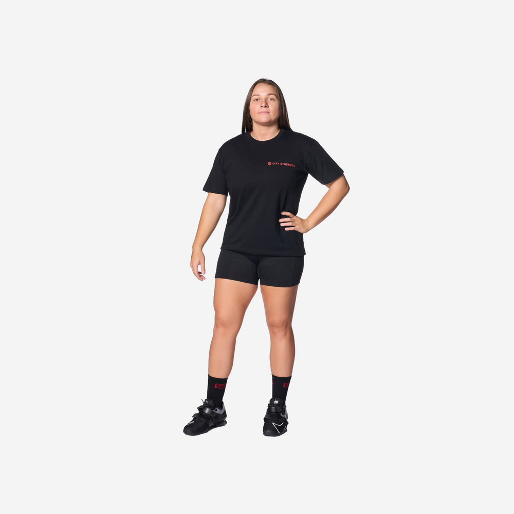 City Strength Black T-shirt with small red logo on top rigth 