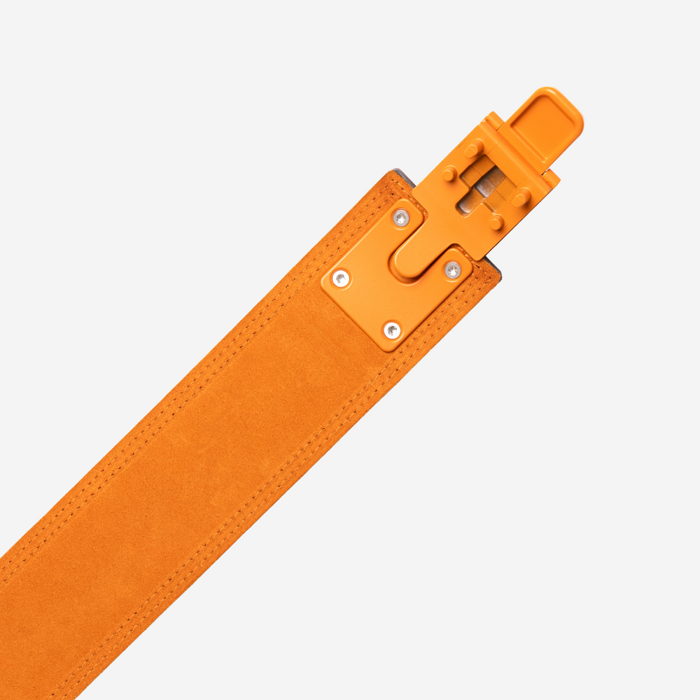 Orange buckle on orange suede 